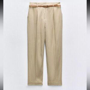 Zara belted straight leg linen blend pants XS, in tan